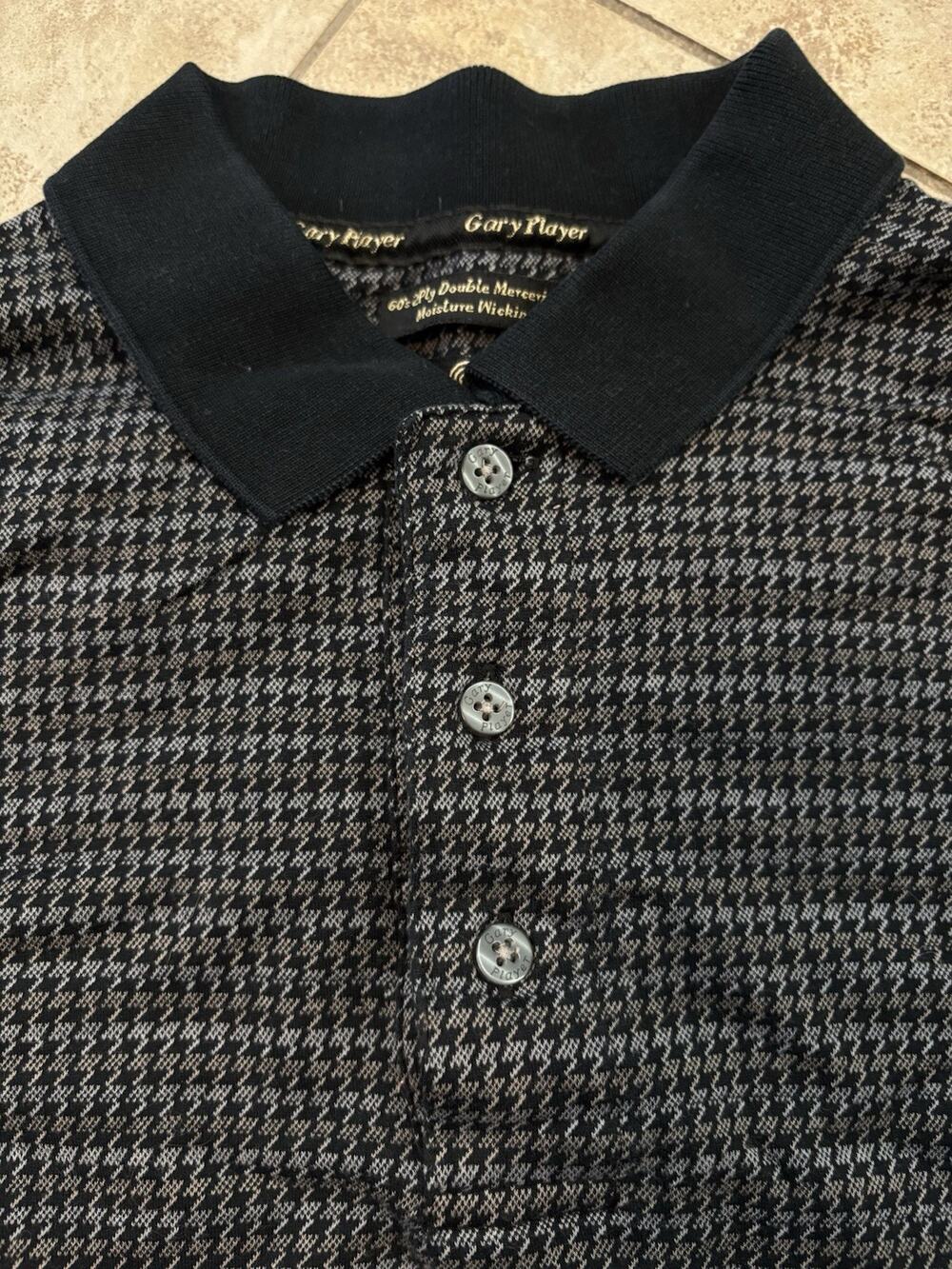 Gary Player Mens Medium Polo Shirt Black Gray Houndstooth 100% Cotton Golf